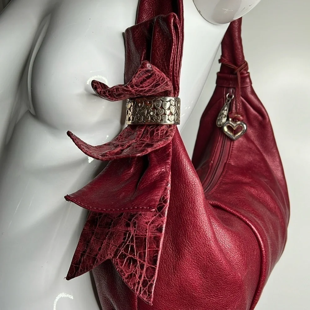 Brighton Burgundy Red Leather Hobo Zipper Shoulder Bag - Picture 3 of 11